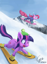 Size: 1000x1373 | Tagged: safe, artist:cyonixcymatro, derpibooru import, pinkie pie, twilight sparkle, unicorn twilight, earth pony, pony, unicorn, atg 2020, beanie, clothes, duo, female, hat, jacket, mare, mountain, newbie artist training grounds, open mouth, skiing, skis, snow, toque, winter outfit