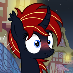 Size: 1500x1500 | Tagged: safe, artist:pizzamovies, oc, oc only, oc:scarlet, changeling, pony, blushing, curved horn, ear fluff, fangs, female, horn, looking at something, mare, night, ponyville, solo, spread wings, stars, wide eyes, wingboner, wings