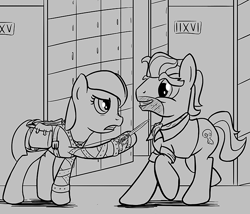 Size: 700x600 | Tagged: safe, artist:sirvalter, doctor caballeron, oc, oc:patrimony, crystal pony, earth pony, pony, fanfic:steyblridge chronicle, bag, black and white, clothes, duo, fanfic, fanfic art, female, grayscale, grin, gritted teeth, hooves, illustration, knife, male, mare, monochrome, research institute, saddle bag, smiling, stallion, storage