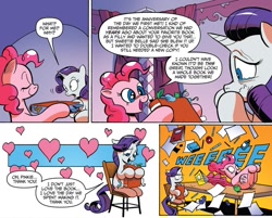 Size: 1000x802 | Tagged: safe, artist:andypriceart, derpibooru import, idw, pinkie pie, rarity, earth pony, pony, unicorn, spoiler:comic, spoiler:comic42, book, chair, comic, comic panel, cropped, duo, female, mare, official comic, pinkie being pinkie, rarity is not amused, sitting, sliding, speech bubble, unamused