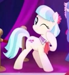 Size: 331x363 | Tagged: safe, screencap, coco pommel, earth pony, my little pony: the movie, cocobetes, cropped, cute, fashion plate, female, offscreen character, one eye closed, solo focus, wink