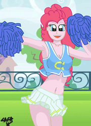 Size: 778x1083 | Tagged: safe, artist:cafakero, pinkie pie, equestria girls, armpits, belly button, breasts, cheerleader, cheerleader outfit, cheerleading, cleavage, clothes, cute, diapinkes, female, midriff, short skirt, skirt, solo, sports bra, tanktop