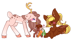 Size: 1398x771 | Tagged: safe, oc, oc:capricot, oc:caramel hearts, oc:lilly melon, deer, deer pony, original species, pegasus, peryton, antlers, blushing, body markings, carrot, female, filly, flower, food, simple background, white background
