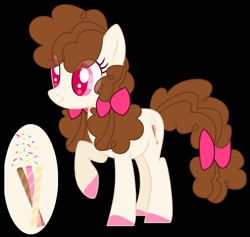 Size: 2128x2016 | Tagged: safe, artist:jackie-sheepwitch, oc, oc only, earth pony, pony, base used, black background, bow, earth pony oc, hair bow, hoof polish, messy mane, next generation, offspring, parent:cheese sandwich, parent:pinkie pie, parents:cheesepie, reference sheet, simple background, smiling, solo, tail bow