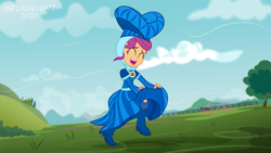 Size: 8000x4500 | Tagged: safe, artist:metalhead97, scootaloo, equestria girls, for whom the sweetie belle toils, boots, breeze, clothes, commission, costume, cute, cutealoo, dress, equestria girls interpretation, eyes closed, forest, grabbing, hat, high heel boots, jewelry, jogging, necklace, open mouth, outdoors, running, scene interpretation, shoes, show accurate, skirt pull, skirtaloo, solo, tree, wind