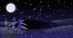 Size: 1225x651 | Tagged: safe, artist:somashield, oc, oc only, oc:soma, pony, unicorn, digital art, flying, horn, male, moon, night, shadowbolts, solo, stallion, stars, wings