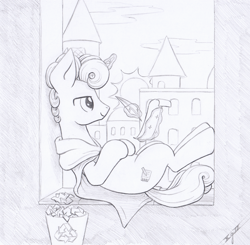 Size: 2300x2250 | Tagged: safe, artist:xeviousgreenii, oc, oc only, oc:ginger mint, pony, unicorn, atg 2020, magic, male, monochrome, newbie artist training grounds, quill, solo, stallion, traditional art
