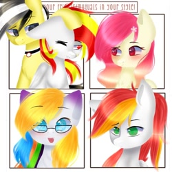 Size: 768x768 | Tagged: safe, artist:speedyflashh, oc, oc only, earth pony, pegasus, pony, :p, blushing, bust, choker, earth pony oc, eyebrows visible through hair, flower, flower in hair, glasses, multicolored hair, one eye closed, pegasus oc, rainbow hair, tongue out, wings, wink