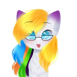 Size: 768x768 | Tagged: safe, alternate version, artist:speedyflashh, oc, oc only, earth pony, pony, :p, blushing, bust, earth pony oc, eyebrows visible through hair, glasses, multicolored hair, rainbow hair, simple background, solo, tongue out, white background