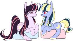 Size: 1077x603 | Tagged: safe, artist:mvnchies, oc, oc only, oc:lunar dreams, pony, unicorn, bean bag chair, colored hooves, duo, female, horn, mare, simple background, sitting, unicorn oc, white background