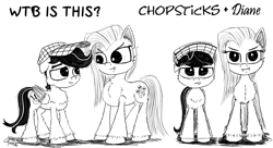 Size: 1024x559 | Tagged: safe, artist:chopsticks, derpibooru import, pinkie pie, oc, oc:chopsticks, earth pony, pegasus, pony, comic:wtb is this?, canon x oc, cheek fluff, chest fluff, cute, cute little fangs, fangs, female, hat, hoof fluff, looking at each other, looking at you, male, mare, monochrome, pinkamena diane pie, size difference, sketch, stallion