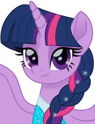 Size: 1159x1500 | Tagged: safe, artist:cloudyglow, derpibooru import, twilight sparkle, twilight sparkle (alicorn), alicorn, pony, alternate hairstyle, braid, bust, crossover, disney, elsa, eyeshadow, female, frozen (movie), looking at you, makeup, mare, movie accurate, simple background, solo, white background