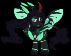 Size: 3464x2736 | Tagged: safe, artist:jackie-sheepwitch, oc, oc only, changeling queen, base used, black background, changeling queen oc, curved horn, green changeling, horn, leonine tail, parents:sombralis, raised hoof, reference sheet, simple background, solo