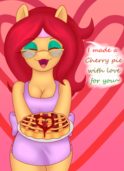 Size: 1831x2523 | Tagged: safe, artist:spk, oc, oc only, oc:vivian cereza, anthro, earth pony, unguligrade anthro, apron, bipedal, breasts, cherry, chest, chestbreasts, clothes, female, food, glasses, jelly, mother, pie, solo