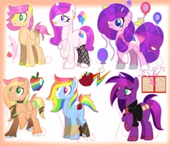 Size: 1280x1097 | Tagged: safe, artist:yukiothevulpix, oc, oc only, earth pony, pegasus, pony, unicorn, balloon, balloon animal, base used, blaze (coat marking), bow, candy, choker, clothes, earth pony oc, eye scar, fishnets, food, foot wraps, freckles, hoof wraps, horn, magical lesbian spawn, male, necktie, nose piercing, nose ring, obtrusive watermark, offspring, parent:applejack, parent:big macintosh, parent:fluttershy, parent:pinkie pie, parent:rainbow dash, parent:rarity, parent:tempest shadow, parent:twilight sparkle, parents:appledash, parents:fluttermac, parents:raripie, parents:tempestlight, pegasus oc, piercing, scar, shirt, simple background, stallion, tail bow, unicorn oc, unshorn fetlocks, watermark, white background, wings