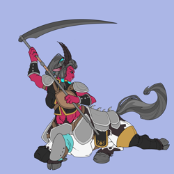 Size: 3189x3189 | Tagged: safe, artist:sourcherry, oc, centaur, fallout equestria, armor, female, horns, scythe, solo, unnamed oc