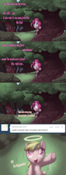 Size: 500x1322 | Tagged: source needed, safe, artist:sip, derpibooru import, pinkie pie, oc, oc:puppysmiles, earth pony, pony, comic, female, filly, forest, halo, pink eyes, tree, tumblr comic, two toned mane
