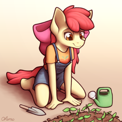 Size: 2000x2000 | Tagged: safe, artist:ohemo, apple bloom, anthro, earth pony, unguligrade anthro, adorabloom, atg 2020, clothes, cute, female, filly, kneeling, newbie artist training grounds, overalls, plant, planting, solo, trowel, watering can