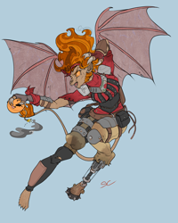 Size: 1890x2362 | Tagged: safe, artist:sourcherry, oc, gargoyle, fallout equestria, armor, bandana, bat wings, bomb, clothes, flying, hair, solo, unnamed oc, weapon, wings