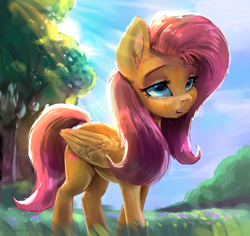 Size: 938x885 | Tagged: safe, artist:appletree12112, artist:appletree_at, artist:xbi, color edit, colorist:xbi, derpibooru exclusive, derpibooru import, edit, fluttershy, pegasus, pony, colored, crepuscular rays, cute, ear fluff, female, folded wings, looking at you, mare, open mouth, outdoors, shyabetes, solo, standing, three quarter view, tree, wings
