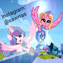 Size: 1028x1027 | Tagged: safe, artist:sawrras, luster dawn, princess flurry heart, alicorn, pony, :d, :o, alicornified, crystal empire, duo, female, flying, hoof shoes, lustercorn, mare, older, older flurry heart, open mouth, peytral, race swap