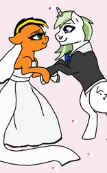 Size: 800x1280 | Tagged: safe, artist:lekonar13, oc, oc only, oc:lekonar, oc:minty root, pony, base used, clothes, dress, marriage, oc x oc, rule 63, shipping, tuxedo, wedding, wedding dress