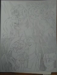 Size: 1944x2592 | Tagged: safe, artist:princebluemoon3, oc, oc:king calm merriment, oc:king righteous authority, oc:princess young heart, oc:queen fresh care, oc:queen galaxia, oc:queen motherly morning, oc:tommy the human, alicorn, human, pony, comic:the chaos within us, alicorn oc, alicorn princess, barrier, black and white, canterlot, canterlot castle, captive, chained, chaos, clothes, comic, commissioner:bigonionbean, confused, crater, crying, dialogue, drawing, dream, father and child, father and daughter, father and son, female, fusion, fusion:king calm merriment, fusion:king righteous authority, fusion:princess young heart, fusion:queen fresh care, fusion:queen galaxia, fusion:queen motherly morning, grayscale, human oc, husband and wife, magic, male, monochrome, mother and child, mother and daughter, mother and son, night, nightmare, parent and child, prisoner, sad, separation, shocked, shocked expression, tears of pain, teary eyes, throne room, traditional art, writer:bigonionbean
