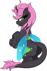 Size: 2164x3299 | Tagged: safe, artist:lunarcipher1, oc, oc only, oc:oculus, changeling, ass, butt, fangs, female, green changeling, insect wings, long mane, looking at you, rear view, seductive, simple background, solo, tongue out, transparent background, wingding eyes, wings