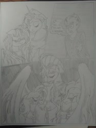 Size: 1944x2592 | Tagged: safe, artist:princebluemoon3, oc, oc:aerial agriculture, oc:earthing elements, oc:heartstrong flare, oc:princess healing glory, oc:princess mythic majestic, oc:princess sincere scholar, oc:tommy the human, alicorn, human, pony, comic:the chaos within us, alicorn oc, alicorn princess, barrier, black and white, canterlot, canterlot castle, captive, chained, chaos, clothes, comic, commissioner:bigonionbean, confused, crying, dialogue, drawing, dream, female, fusion, fusion: princess healing glory, fusion:aerial agriculture, fusion:earthing elements, fusion:heartstrong flare, fusion:princess mythic majestic, fusion:princess sincere scholar, glasses, grayscale, herd, human oc, magic, male, monochrome, mother and child, mother and son, night, nightmare, parent and child, prisoner, rubble, sad, separation, shocked, shocked expression, tears of pain, teary eyes, throne room, traditional art, uniform, wings, wonderbolt trainee uniform, writer:bigonionbean
