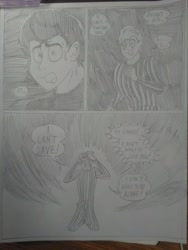 Size: 1944x2592 | Tagged: safe, artist:princebluemoon3, oc, oc:tommy the human, human, comic:the chaos within us, barrier, black and white, canterlot, canterlot castle, clothes, comic, commissioner:bigonionbean, crying, dialogue, drawing, dream, grayscale, human oc, male, monochrome, night, nightmare, sad, shocked, shocked expression, tears of pain, teary eyes, throne room, traditional art, writer:bigonionbean