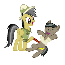 Size: 508x504 | Tagged: safe, artist:diana173076, daring do, doctor caballeron, earth pony, pegasus, pony, clothes, daballeron, eyes closed, female, hat, hoof hold, laughing, male, mare, open mouth, raised hoof, shipping, shirt, simple background, stallion, straight, tickle torture, tickling, white background