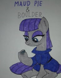 Size: 465x593 | Tagged: safe, artist:electric spark, boulder (pet), maud pie, earth pony, pony, cute, female, frown, mare, maudabetes, rick, simple background, sitting, solo, traditional art, white background