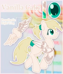 Size: 1024x1210 | Tagged: safe, artist:amura-of-jupiter, oc, oc:vanilla cake, cyborg, pegasus, robot, amputee, artificial wings, augmented, blank flank, blonde, blonde hair, cake, commission, cream coat, cyan eyes, facing right, female, food, hairband, long tail, looking up, pegasus oc, ponytail, prosthetic leg, prosthetic limb, prosthetic wing, prosthetics, raised hoof, reference, reference sheet, robotic legs, robotic wing, smiling, solo, text, trotting, wings
