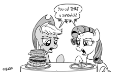 Size: 1200x675 | Tagged: safe, artist:pony-berserker, derpibooru import, applejack, rarity, earth pony, pony, unicorn, pony-berserker's twitter sketches, black and white, duo, female, food, grayscale, mare, monochrome, olive, sandwich, simple background, size comparison, size difference, size matters, sketch, speech bubble, stippling, white background