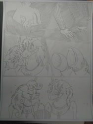 Size: 1944x2592 | Tagged: safe, artist:princebluemoon3, oc, oc:king speedy hooves, oc:queen galaxia, oc:tommy the human, alicorn, human, pony, comic:the chaos within us, alicorn oc, alicorn princess, barrier, black and white, canterlot, canterlot castle, captive, chained, chaos, clothes, comic, commissioner:bigonionbean, confused, crater, crying, dialogue, drawing, dream, female, fusion, fusion:king speedy hooves, fusion:queen galaxia, grayscale, herd, human oc, kissing, magic, male, monochrome, mother and child, mother and son, night, nightmare, parent and child, prisoner, rubble, sad, separation, shocked, shocked expression, tears of pain, teary eyes, throne room, traditional art, writer:bigonionbean