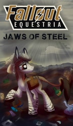 Size: 600x1038 | Tagged: safe, artist:amura-of-jupiter, oc, oc only, oc:mikaella, donkey, hybrid, zebra, zebroid, zonkey, fallout equestria, fallout equestria: jaws of steel, bag, beer bottle, blonde, blonde hair, book, braid, brown eyes, button, classic unicorn tail, cloud, commission, dirt, fallout, fence, fork, frown, hill, junkyard, landfill, logo, long ears, looking to the right, mud, nail, overcast, raised hoof, sad, saddle bag, scissors, story in the source, story included, sun rays, tail, teapot, trash, wires, zebra stripes