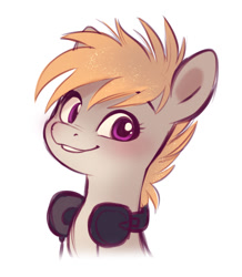 Size: 774x889 | Tagged: safe, artist:imalou, oc, oc only, oc:cookie malou, earth pony, pony, bust, female, headphones, looking at you, mare, simple background, smiling, solo, white background