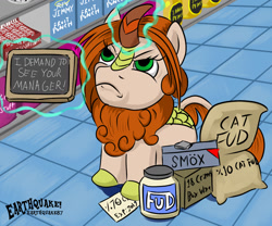 Size: 1160x963 | Tagged: safe, artist:earthquake87, oc, oc only, kirin, alcohol, angry, cat food, chalkboard, coupon, expired, groceries, grocery store, jar, karen, looking up, magic, matchbook, pun, telekinesis, text, this will end in fire, this will end in firing, this will end in lawsuits, this will end in nirik, this will end in rage, unnamed oc, wine