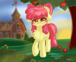 Size: 2200x1800 | Tagged: safe, artist:kindny-chan, apple bloom, pony, adorabloom, apple, apple tree, blushing, cheek fluff, chest fluff, cute, ear fluff, leg fluff, looking at you, smiling, solo, tree