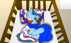 Size: 5030x3030 | Tagged: safe, artist:lynnthenerdkitty, oc, oc:steel justice, pony, unicorn, adult foal, blanket, commission, crib, diaper, diaper fetish, eyes closed, fetish, pillow, sleeping, solo, teddy bear, underhoof, yawn