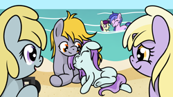 Size: 1920x1080 | Tagged: safe, artist:dinkyuniverse, boysenberry, chirpy hooves, crackle pop, dinky hooves, liza doolots, petunia, sea swirl, seafoam, tootsie flute, earth pony, pegasus, pony, unicorn, age difference, beach, boysenswirl, brother and sister, camera, colt, cute, dinkychirp, family, female, filly, foal, group, happy, lesbian, male, mare, mare on filly, ocean, playing, relaxed, sand, shipping, siblings, sisters, straight, swimming, that pony sure does love crackle pop, tootsiepop, water