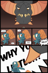 Size: 793x1199 | Tagged: safe, artist:queencold, dragon lord torch, oc, oc:basalt, dragon, abuse, baby, baby dragon, child abuse, chubby bubbles girl, comic, dragon oc, drawing, duo, father and child, father and son, male, meme, parent and child, why you little, younger