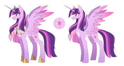 Size: 2600x1396 | Tagged: safe, artist:darlyjay, derpibooru import, twilight sparkle, twilight sparkle (alicorn), alicorn, pony, cutie mark, female, jewelry, mare, older, redesign, regalia, simple background, smiling, solo, transparent background