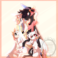 Size: 1619x1600 | Tagged: safe, artist:manella-art, oc, oc only, oc:akatsuki, oc:minami dreams, oc:minato, oc:rainbow dreams, original species, pegasus, pony, suisei pony, chest fluff, closed species, clothes, colored wings, cute, family photo, female, filly, hair accessory, hoof on belly, horn, looking at belly, looking down, looking up, male, mare, multicolored hair, multicolored wings, offspring, parent:oc:akatsuki, parent:oc:rainbow dreams, parents:oc x oc, pregnant, rainbow hair, rainbow tail, scarf, simple background, stallion, stars, two toned wings, watermark, wings
