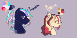 Size: 2000x1000 | Tagged: safe, artist:kiwigoat-art, oc, oc:phoenix, oc:tsunami, pegasus, bust, color palette, duo, gray background, half-siblings, offspring, parent:dumbbell, parent:rainbow dash, parent:soarin', parents:dumbdash, parents:soarindash, simple background