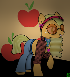 Size: 852x937 | Tagged: safe, artist:8l4ck0u7, derpibooru import, applejack, earth pony, pony, alternate hairstyle, braces, clothes, ear piercing, earring, female, freckles, headband, heart, hippie, jeans, jewelry, mare, necklace, pants, peace sign, piercing, raised hoof, scarf, shirt, solo, sunglasses