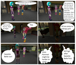 Size: 2432x2098 | Tagged: safe, artist:brightstar40k, apple bloom, coco pommel, sweetie belle, comic:applebloom's tie up game, equestria girls, 3d, boots, clothes, comic, crystal prep academy uniform, dialogue, equestria girls-ified, jacket, jeans, pants, rope, school uniform, shirt, shoes, skirt, source filmmaker, speech bubble, thought bubble