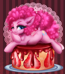 Size: 700x793 | Tagged: safe, artist:cabbage-arts, derpibooru import, pinkie pie, earth pony, pony, adorasexy, beautiful, beautisexy, blue eyes, cake, cute, dessert, diapinkes, dock, ear fluff, female, food, happy, looking at you, mare, mat, one eye closed, placemat, plate, prone, sauce, seductive, seductive pose, sexy, slice, smiling, smiling at you, solo, strawberry, strawberry sauce, strawberry slice, sultry pose, wink, ych result