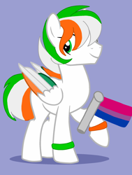 Size: 1398x1852 | Tagged: safe, artist:circuspaparazzi5678, oc, oc:dublin, pegasus, pony, base used, bisexual, bisexual pride flag, bracelet, jewelry, male, pride, pride flag, pride month, smiling, solo