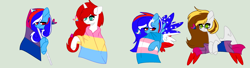 Size: 3004x820 | Tagged: safe, artist:circuspaparazzi5678, oc, oc:britannia flash, oc:liberty, oc:mabel, oc:windy artistic, earth pony, pegasus, pony, unicorn, base used, bisexual, bisexual pride flag, glasses, pansexual, pansexual pride flag, pride, pride flag, pride month, transgender, transgender pride flag